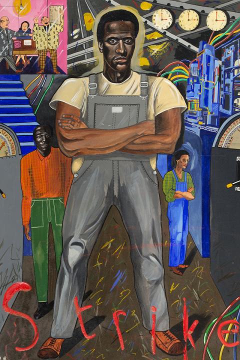 A painting of black man with arms crossed in the foreground and the word "Strike" written below in red ink . Background shows other men, a factory, clocks, and people sitting around a conference table looking toward the man in the foreground.