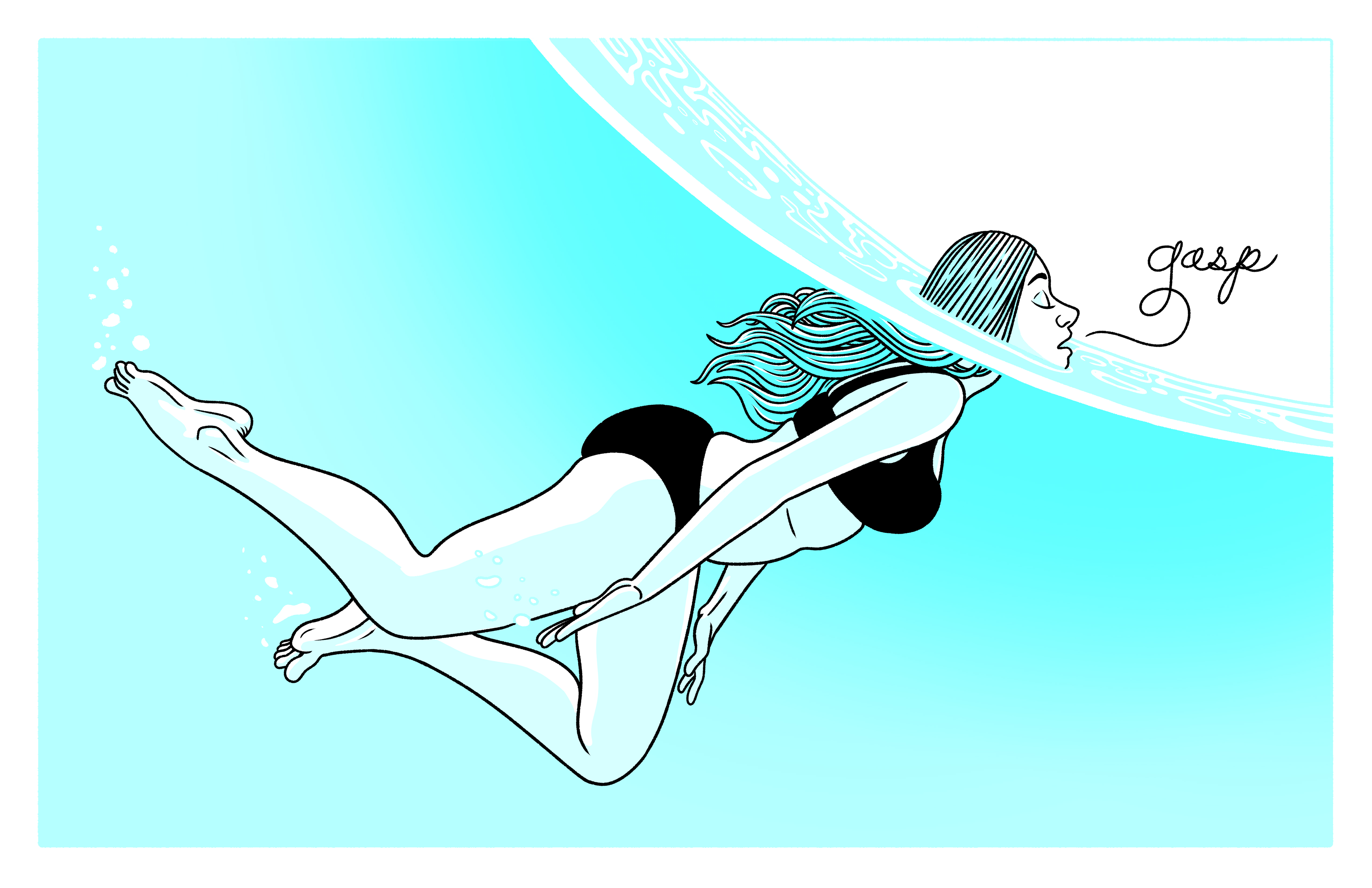 a cartoon of a woman coming up for air from swimming in the sea. her body is underwater but her head is above the water. text reads "Gasp" in flowing script. 