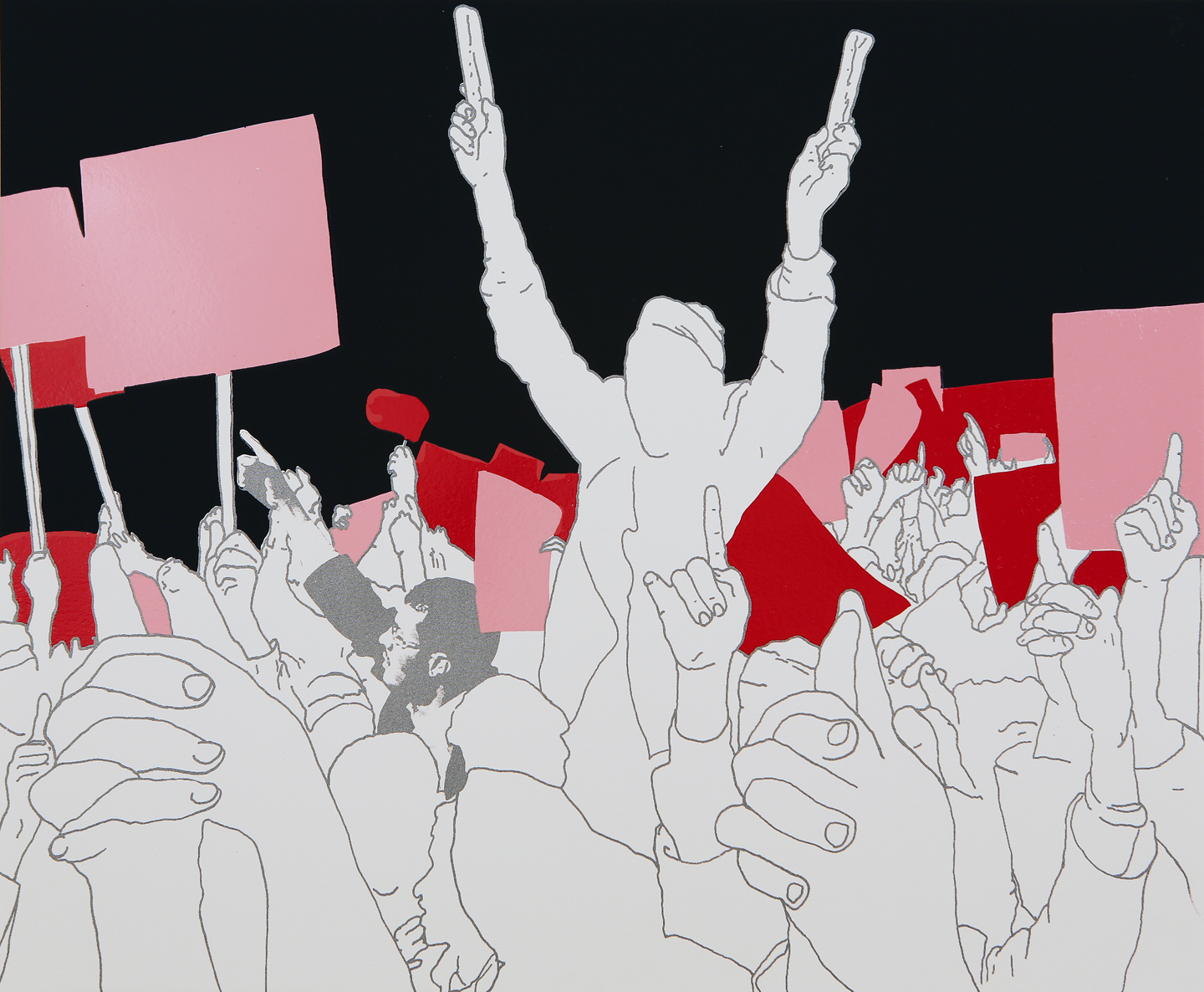 a crowd is drawn in outline with a black background and red and pink signs colored in