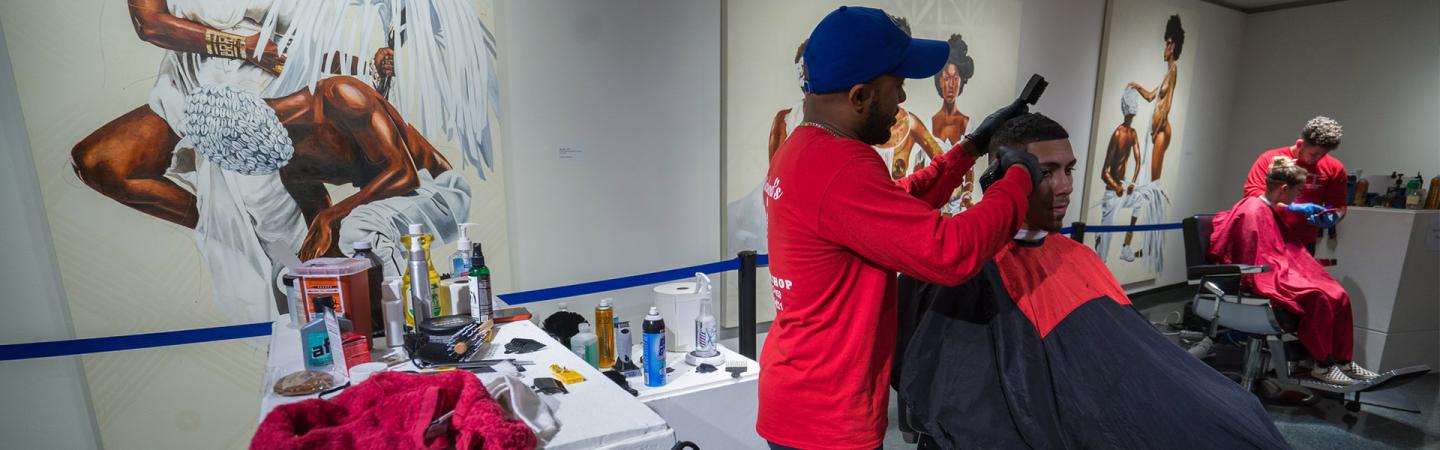 pop up barbershop in the Museum of Art