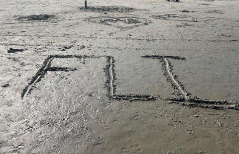 FLI written in the sand at the beach