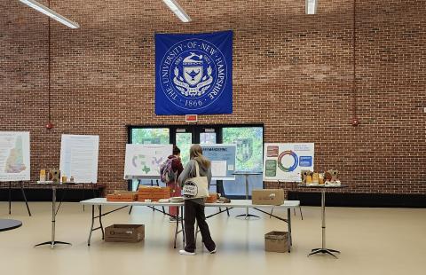 A UNH student reads a poster at the Citizenship Summit poster session.