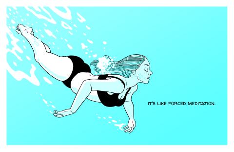 a cartoon of a woman in black bikini with her eyes closed after just diving into the ocean. she's underwater and the the text reads "it's like forced meditation." 