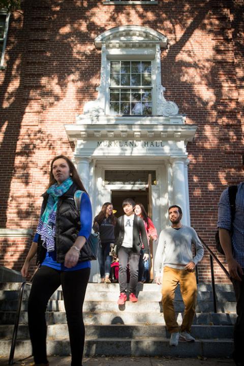 students walking out of Murkland Hall