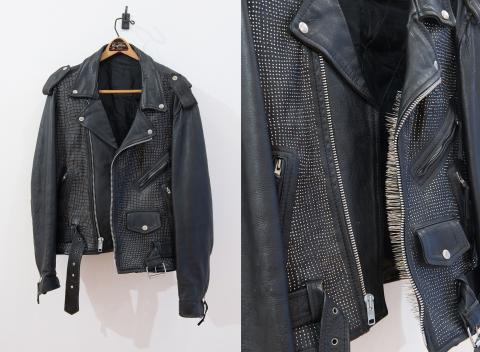 Caleb Cole, Cilice, 2017, vintage motorcycle jacket, vintage hanger, wire, dressmaking pins, 23” x 26”, Courtesy of Gallery Kayafas
