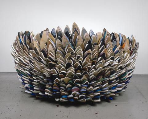 Willie Cole, Loveseat, 2007, shoes, wood, pvc pipes, screws and staples, 39” x 65” x 43” 
