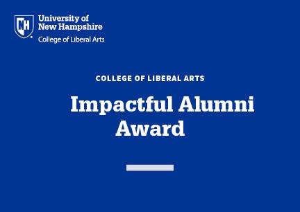 Words on blue background: COLA Impactful Alumni Award