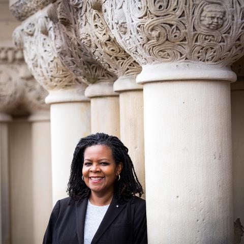 photo of Annette Gordon-Reed in front of columns