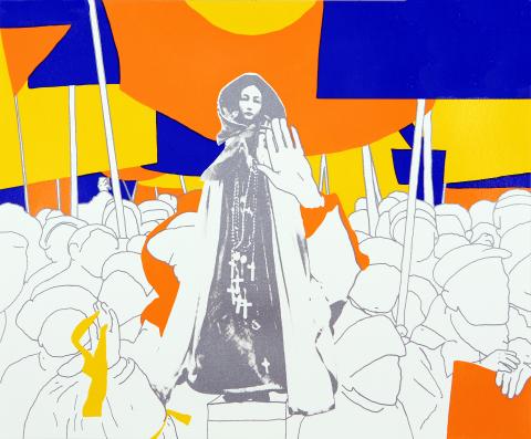 screenprint of woman in black and white with the colors of the ukranian flag for background 