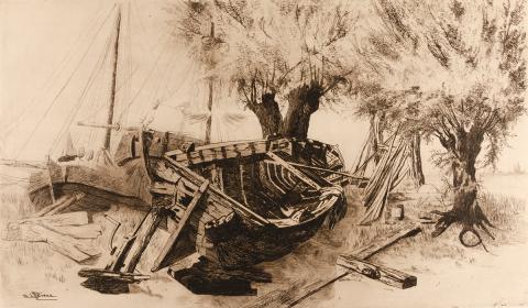 ETCHING of broken boats on land