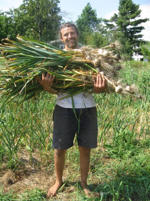 Craig Jensen in field with bundles of garlic