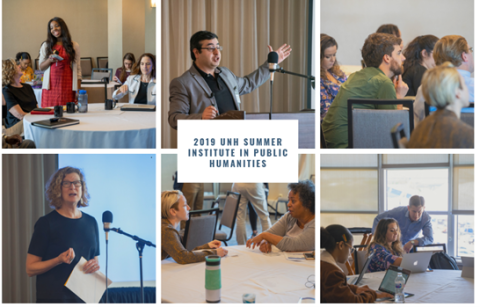 collage shows scenes of presenters and participants at the Summer Inst. in Public Humanities at the Sheraton in Portsmouth, June 2019