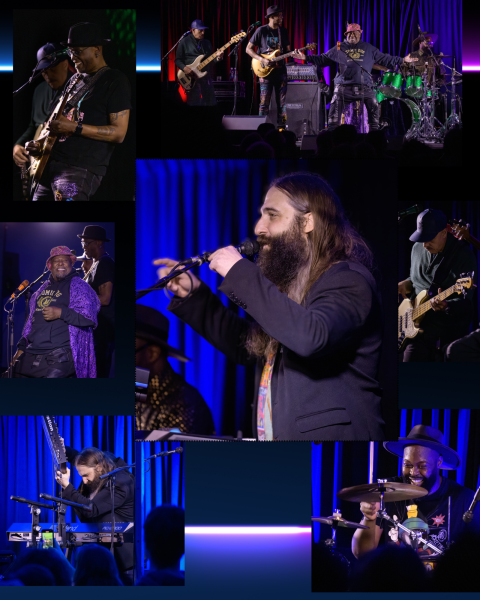 collage of pictures showing Danny Bedrosian and members of PFunk performing in the Granite State Room, November 2023