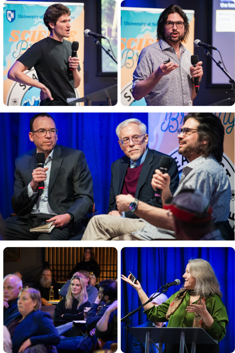collage shows various shots of speakers and audience at Thursday night event