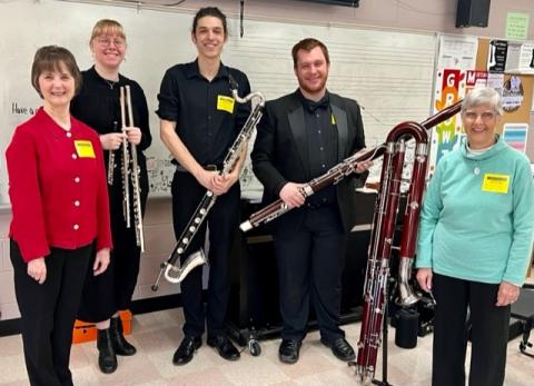 UNH Bassoon faculty Janet Polk, Clare McIntyre, Seth Rupp, Kyle Cook, and program benefactor Martha Thyng (l to r)