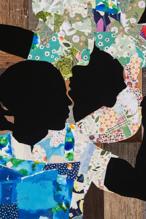 a collage of two faces laying ona floor, looking at eachother. the faces are black silhouettes but the clothing is bright and patchwork 