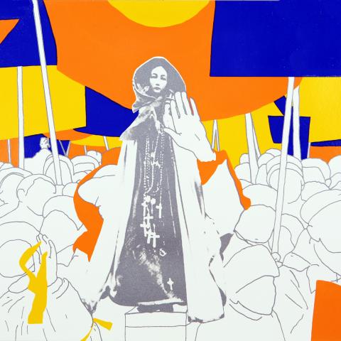 print of a woman, center, standing in a hooded cloak, wearing long cross necklaces, surrounded by a faceless crowd and blue, yellow, and orange background. One hand reaches toward her.