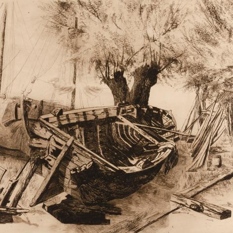 a tonal etching showing broken boats on scrubby grass under trees 